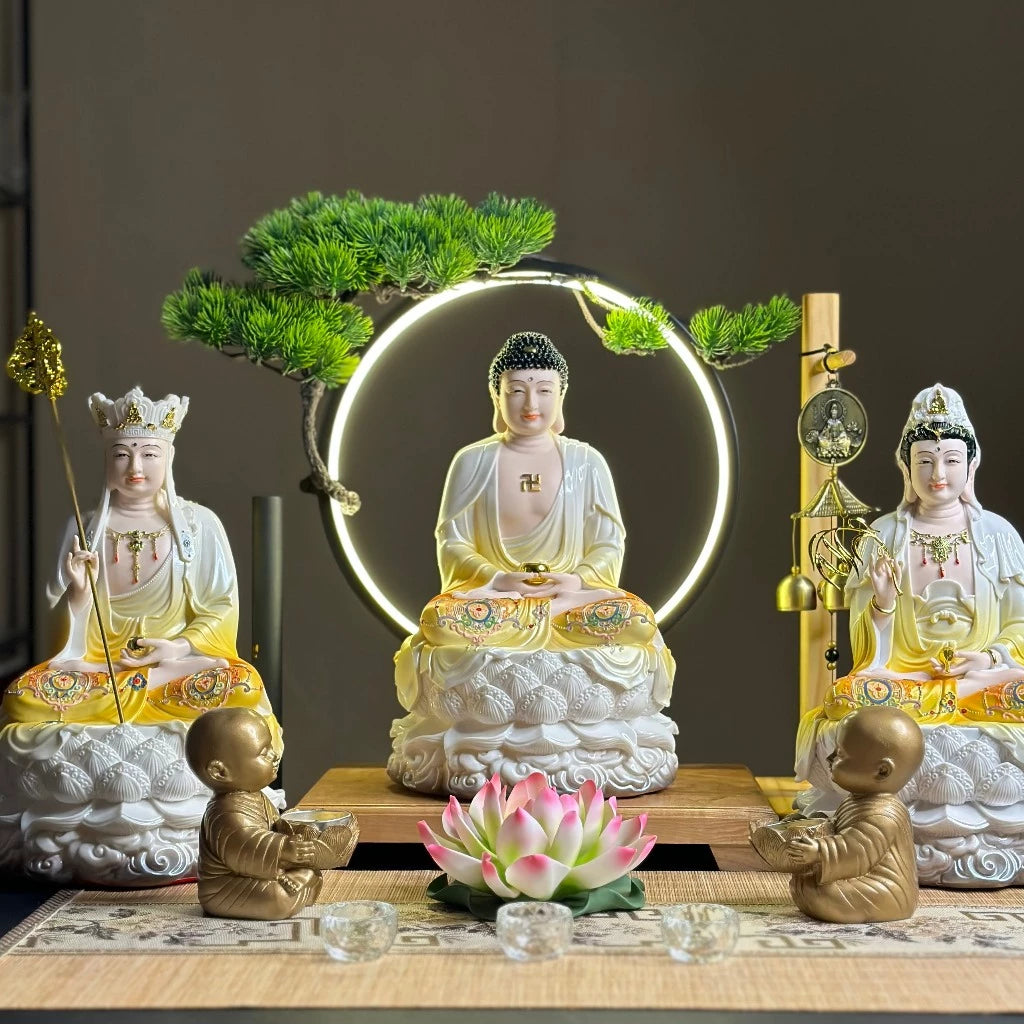 Bộ Tượng Ta Bà Tam Thánh, Thích Ca, Địa Tạng, Quan Âm Vàng Ngọc 12 inch