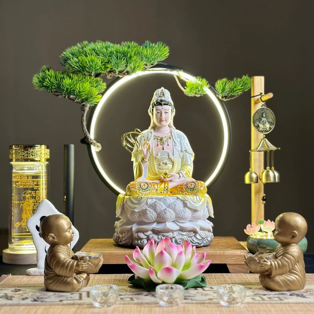 Bộ Tượng Ta Bà Tam Thánh, Thích Ca, Địa Tạng, Quan Âm Vàng Ngọc 12 inch