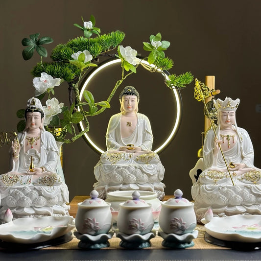 Bộ Tượng Ta Bà Tam Thánh, Thích Ca, Địa Tạng, Quan Âm Trắng Ngọc 12 inch