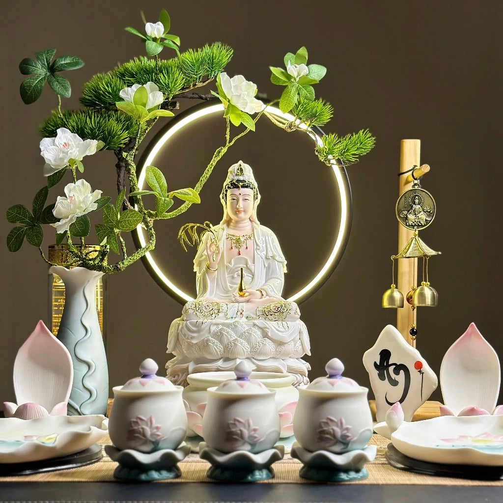 Bộ Tượng Ta Bà Tam Thánh, Thích Ca, Địa Tạng, Quan Âm Trắng Ngọc 12 inch
