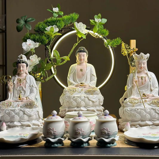 Bộ Tượng Ta Bà Tam Thánh, Thích Ca, Địa Tạng, Quan Âm Trắng Ngọc 12 inch