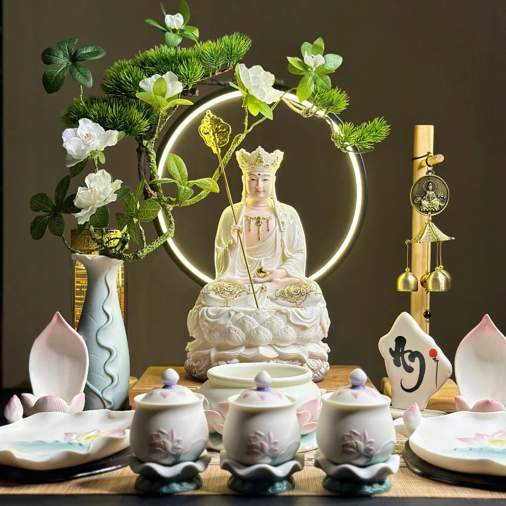 Bộ Tượng Ta Bà Tam Thánh, Thích Ca, Địa Tạng, Quan Âm Trắng Ngọc 12 inch