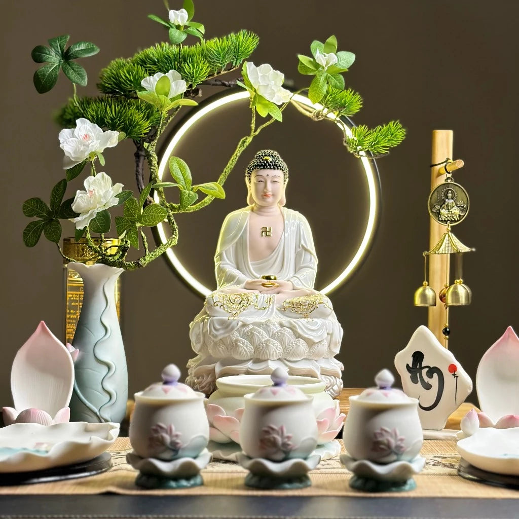 Bộ Tượng Ta Bà Tam Thánh, Thích Ca, Địa Tạng, Quan Âm Trắng Ngọc 12 inch