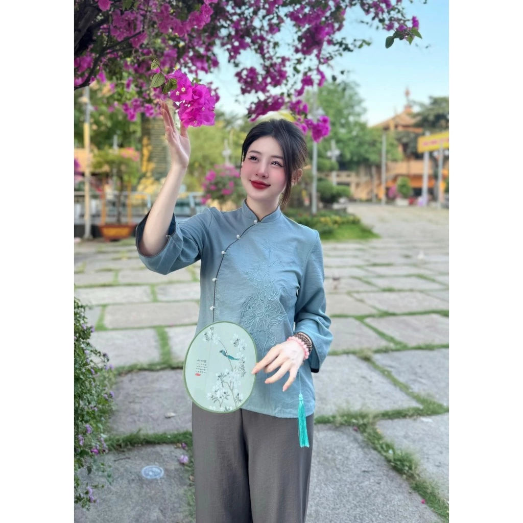 PP108 pháp phục nữ đồ lam đồ phật tử chất đũi nhật thêu sen cúc ngọc thoải mái thanh lịch