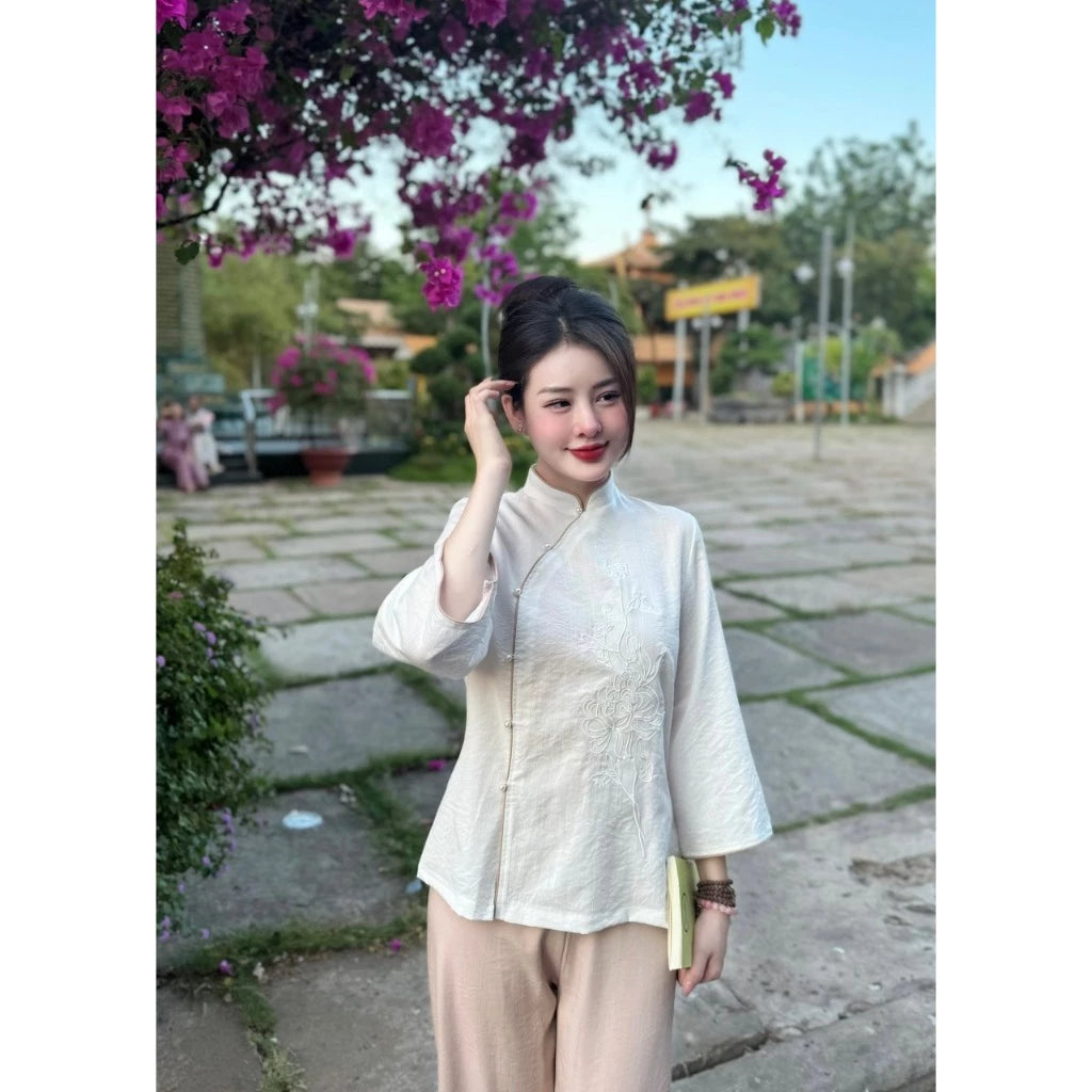 PP108 pháp phục nữ đồ lam đồ phật tử chất đũi nhật thêu sen cúc ngọc thoải mái thanh lịch