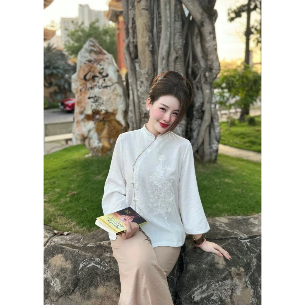 PP108 pháp phục nữ đồ lam đồ phật tử chất đũi nhật thêu sen cúc ngọc thoải mái thanh lịch
