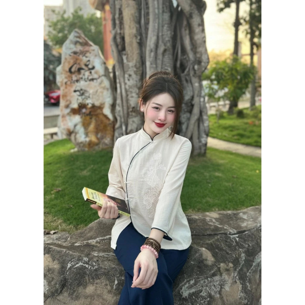 PP108 pháp phục nữ đồ lam đồ phật tử chất đũi nhật thêu sen cúc ngọc thoải mái thanh lịch