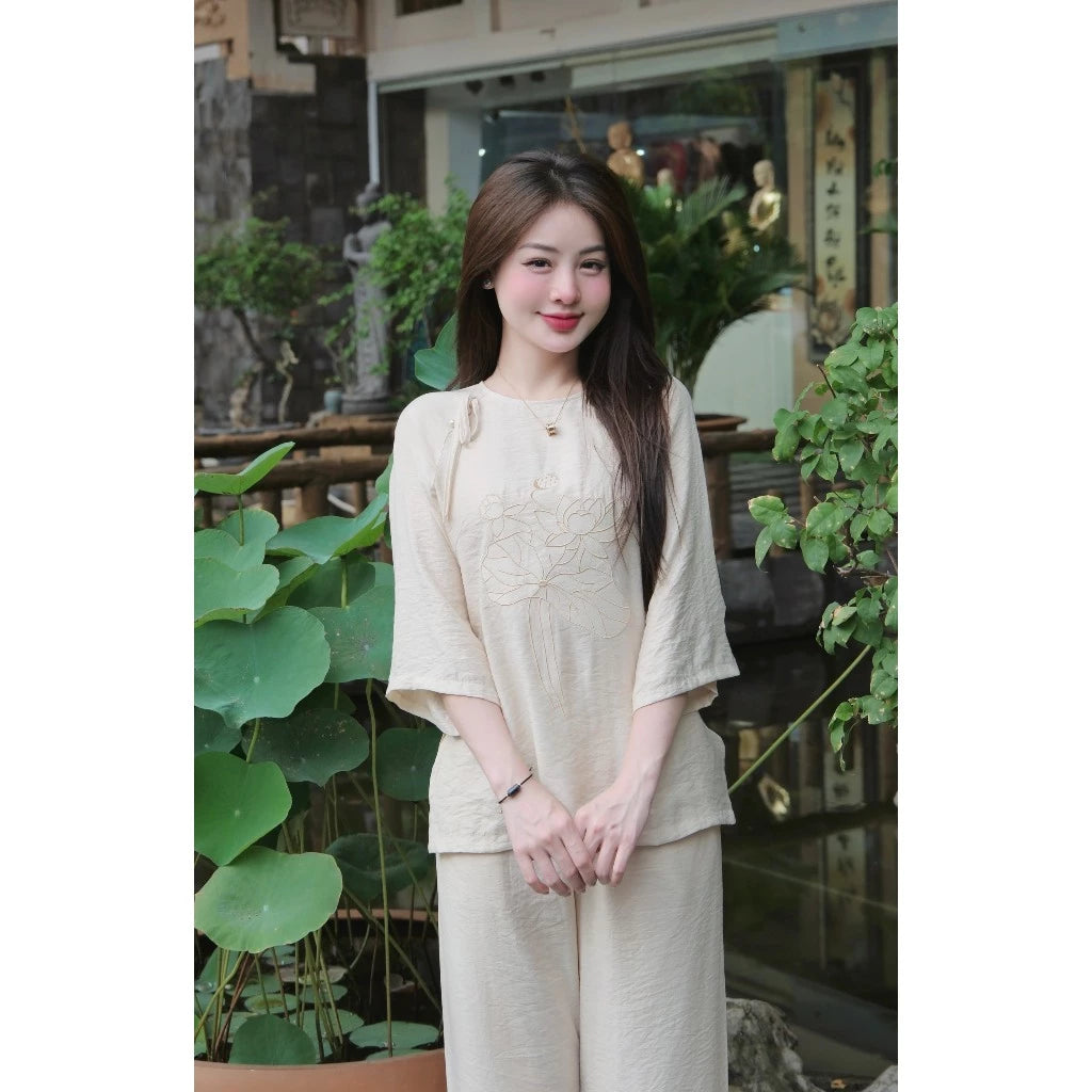 TT86 - Set pháp phục, đồ lam đi chùa cổ tròn thêu sen