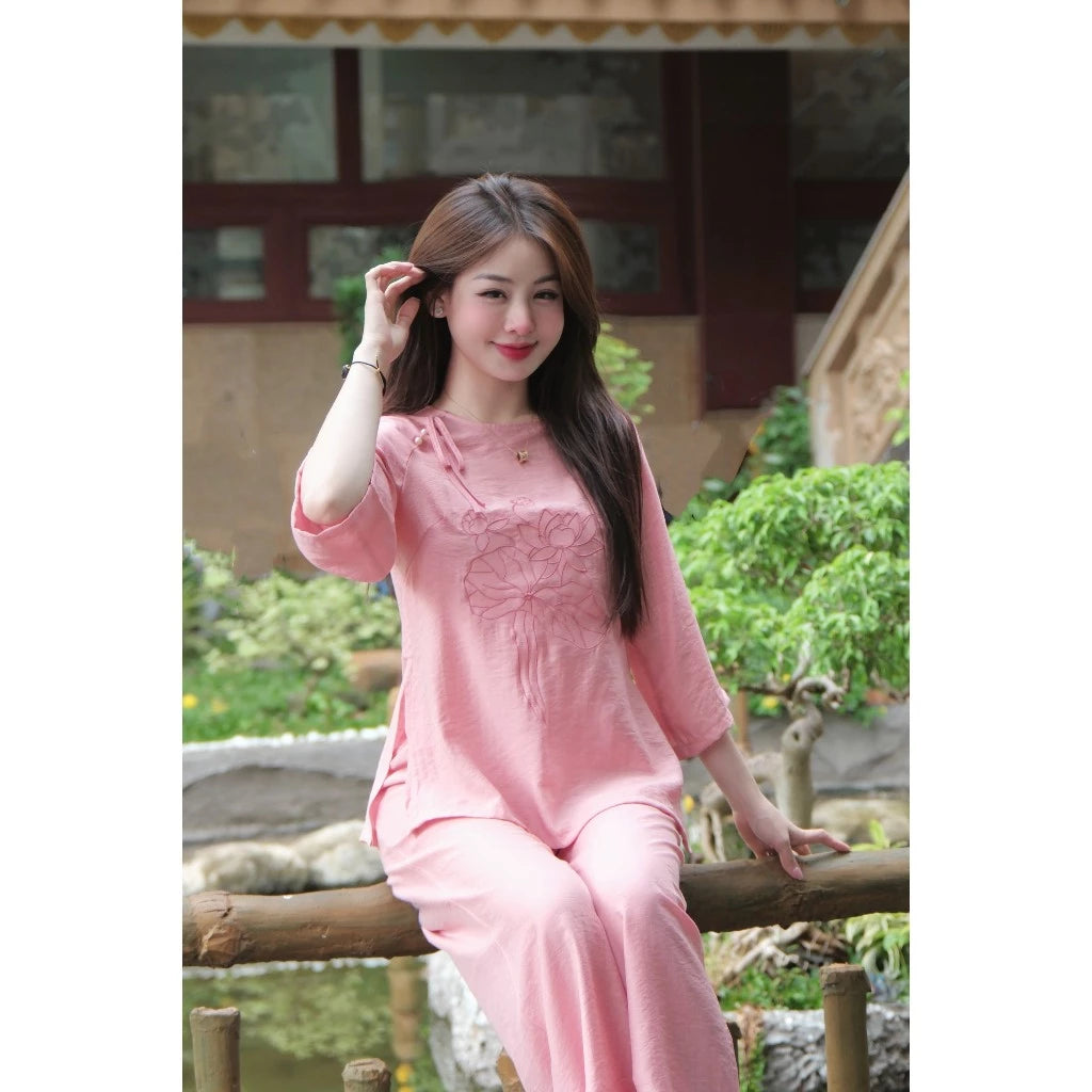 TT86 - Set pháp phục, đồ lam đi chùa cổ tròn thêu sen