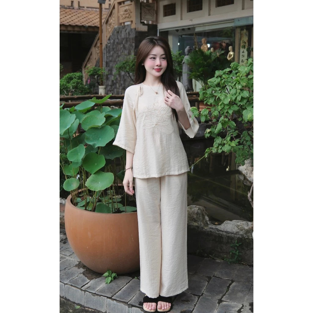 TT86 - Set pháp phục, đồ lam đi chùa cổ tròn thêu sen