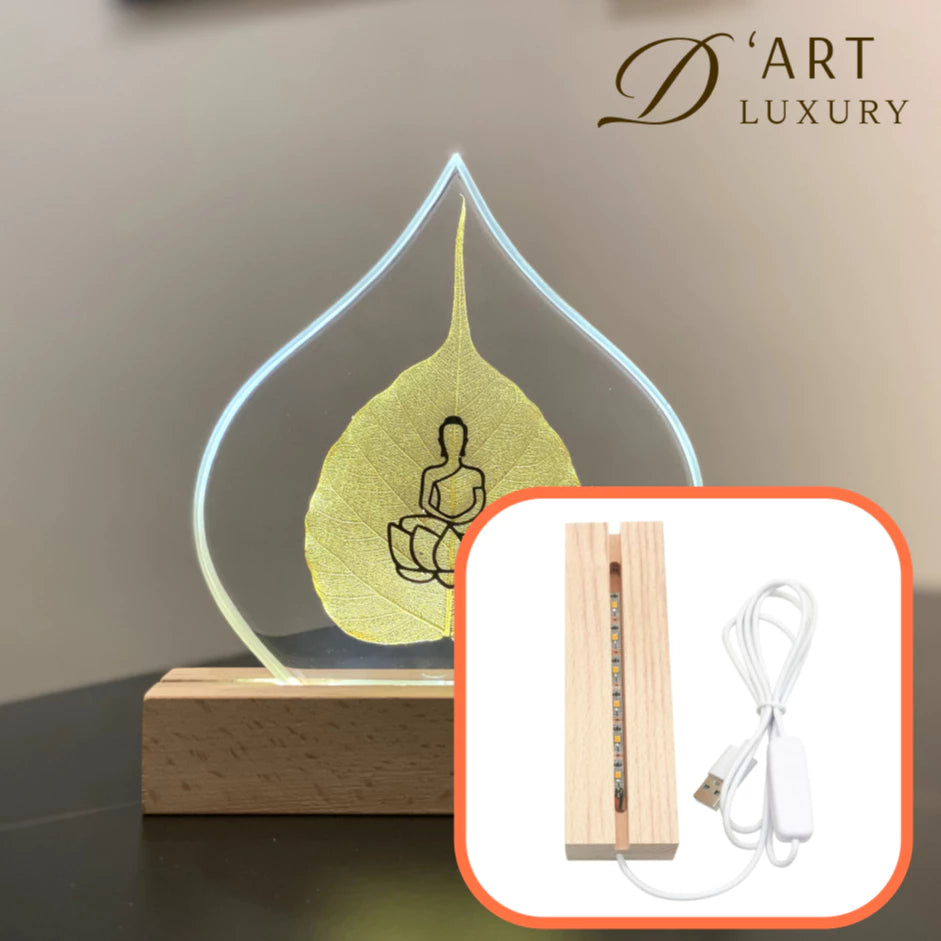 [Lá Thật 100%] Đèn Lá Bồ Đề Mạ Vàng Có Hình Phật Ngồi Thiền - Decor trang trí nhà, không gian thiền
