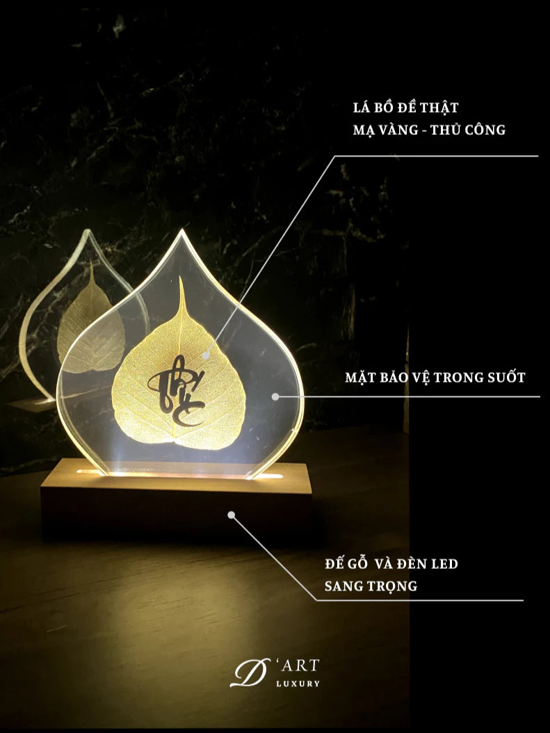 Đèn Led 7 Màu Lá Bồ Đề Tự Nhiên - Chữ Thư Pháp Mạ Vàng
