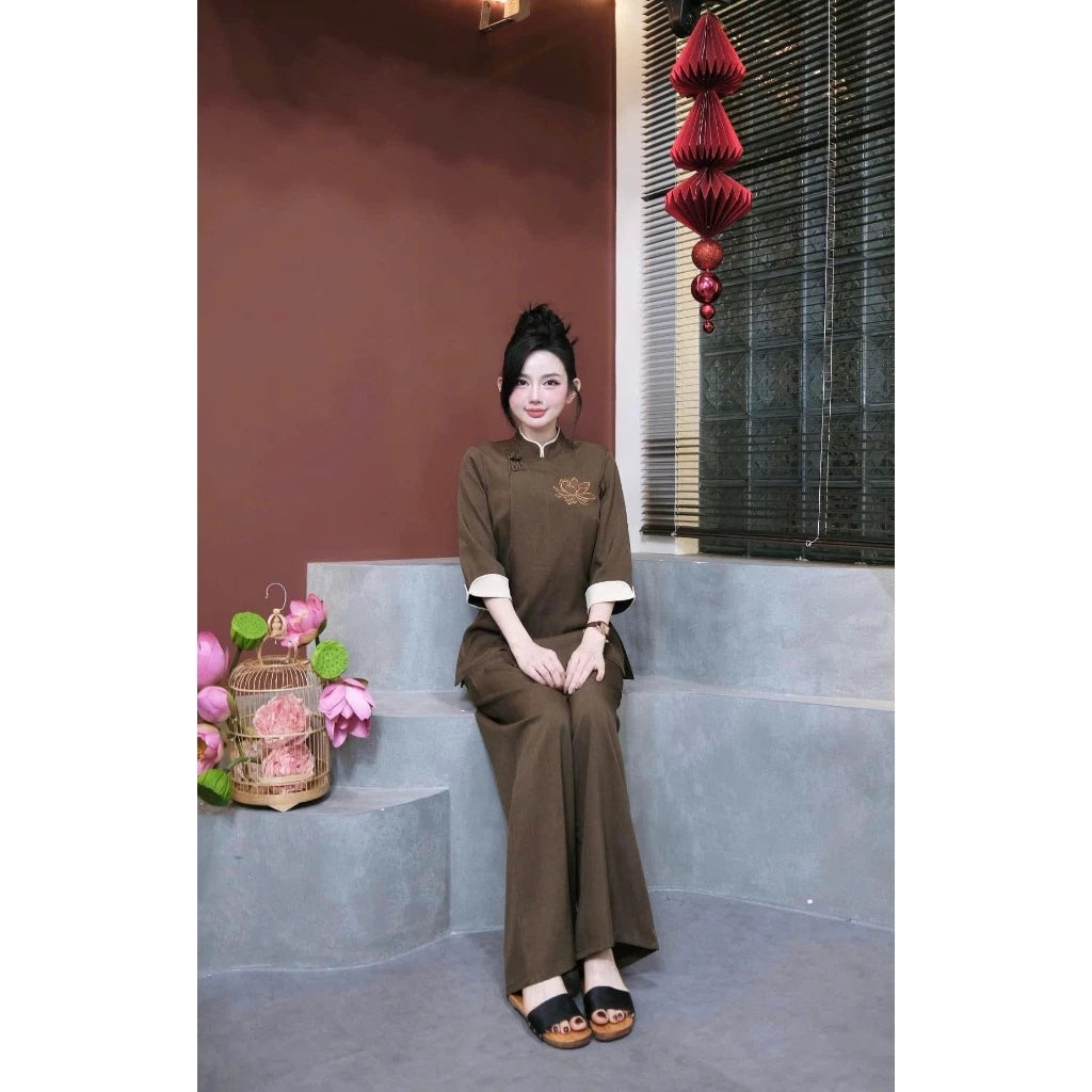Set Bộ Áo Lam - Pháp Phục Đi Chùa Thêu Sen - G51