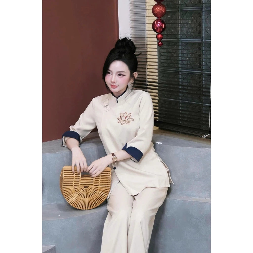 Set Bộ Áo Lam - Pháp Phục Đi Chùa Thêu Sen - G51