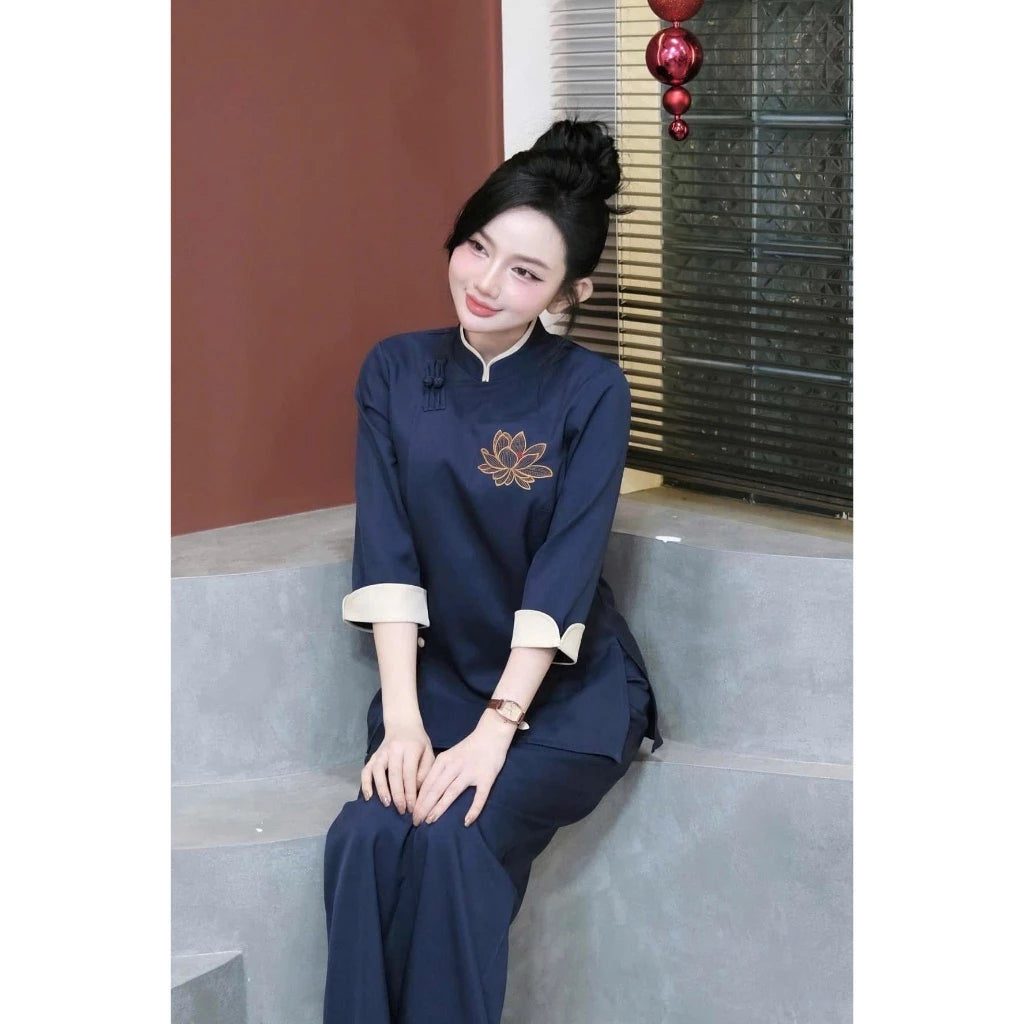 Set Bộ Áo Lam - Pháp Phục Đi Chùa Thêu Sen - G51