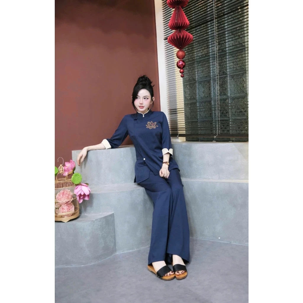 Set Bộ Áo Lam - Pháp Phục Đi Chùa Thêu Sen - G51