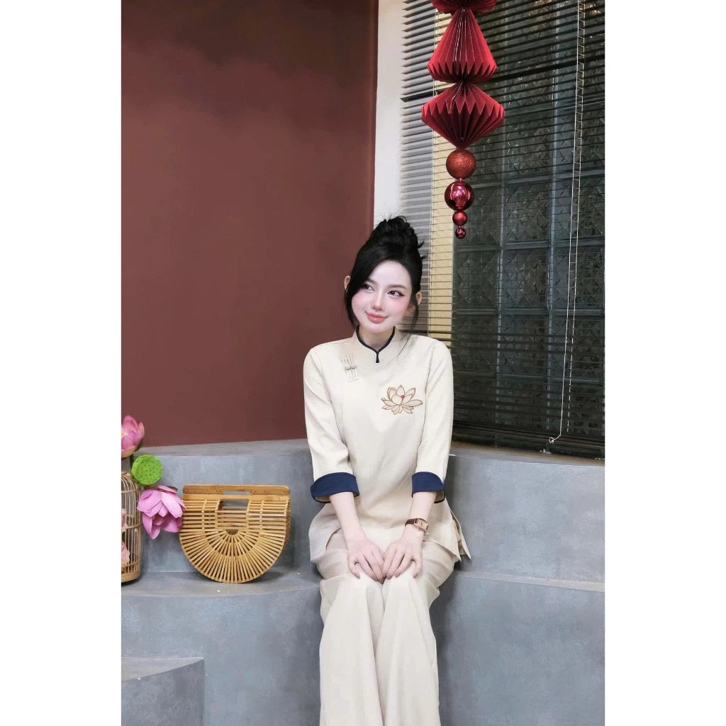 Set Bộ Áo Lam - Pháp Phục Đi Chùa Thêu Sen - G51