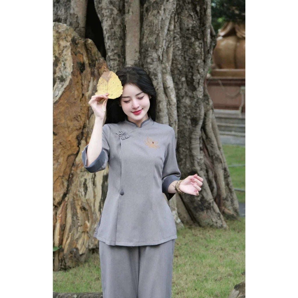 Set Bộ Áo Lam - Pháp Phục Đi Chùa Thêu Sen - G51