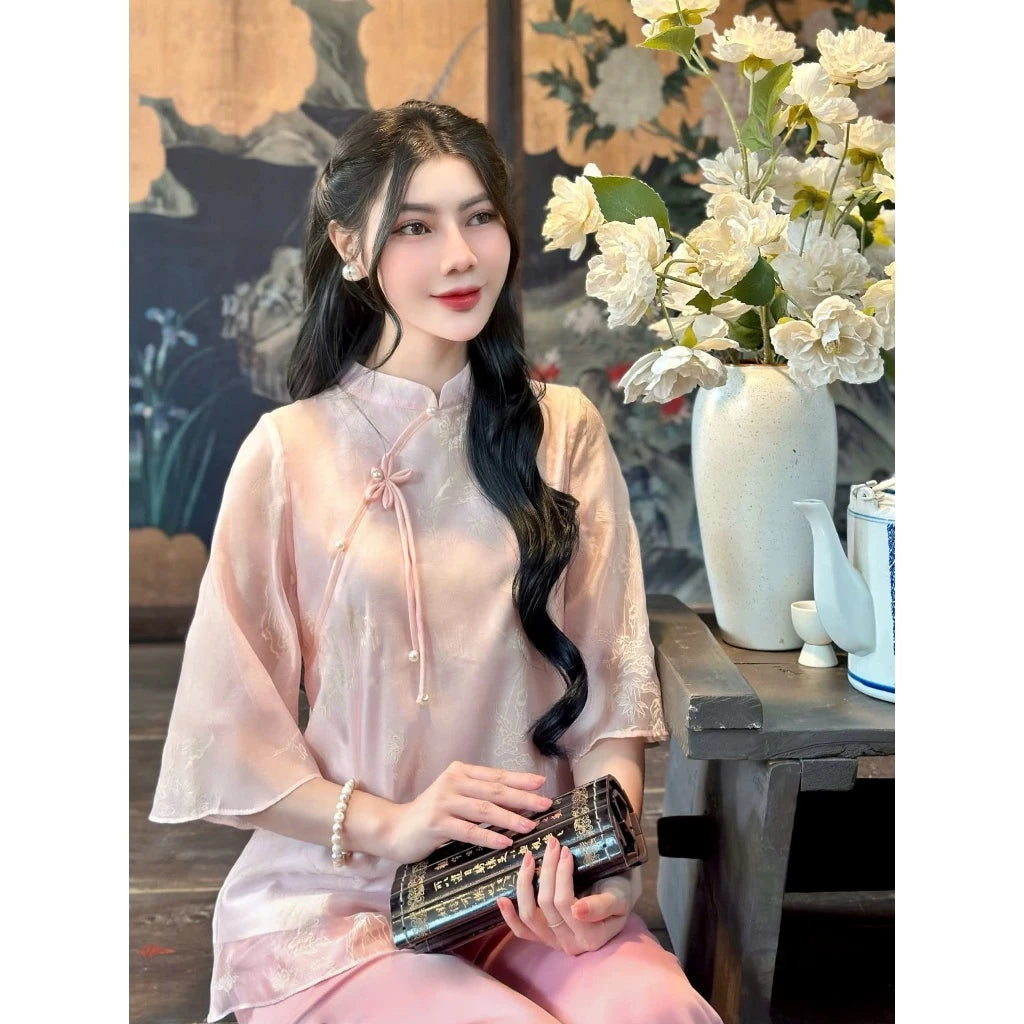 PP284 pháp phục nữ chất liệu voan tơ hai lớp phối nơ ngọc