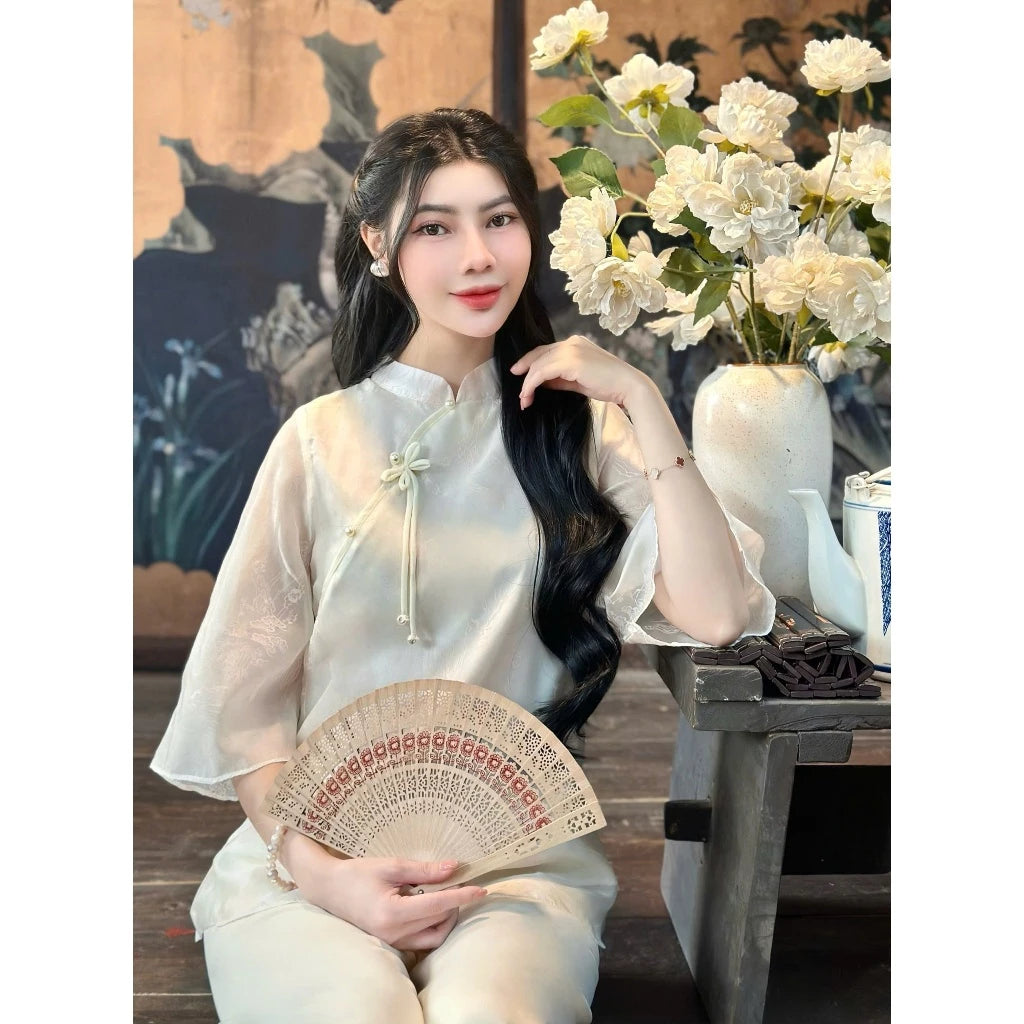 PP284 pháp phục nữ chất liệu voan tơ hai lớp phối nơ ngọc