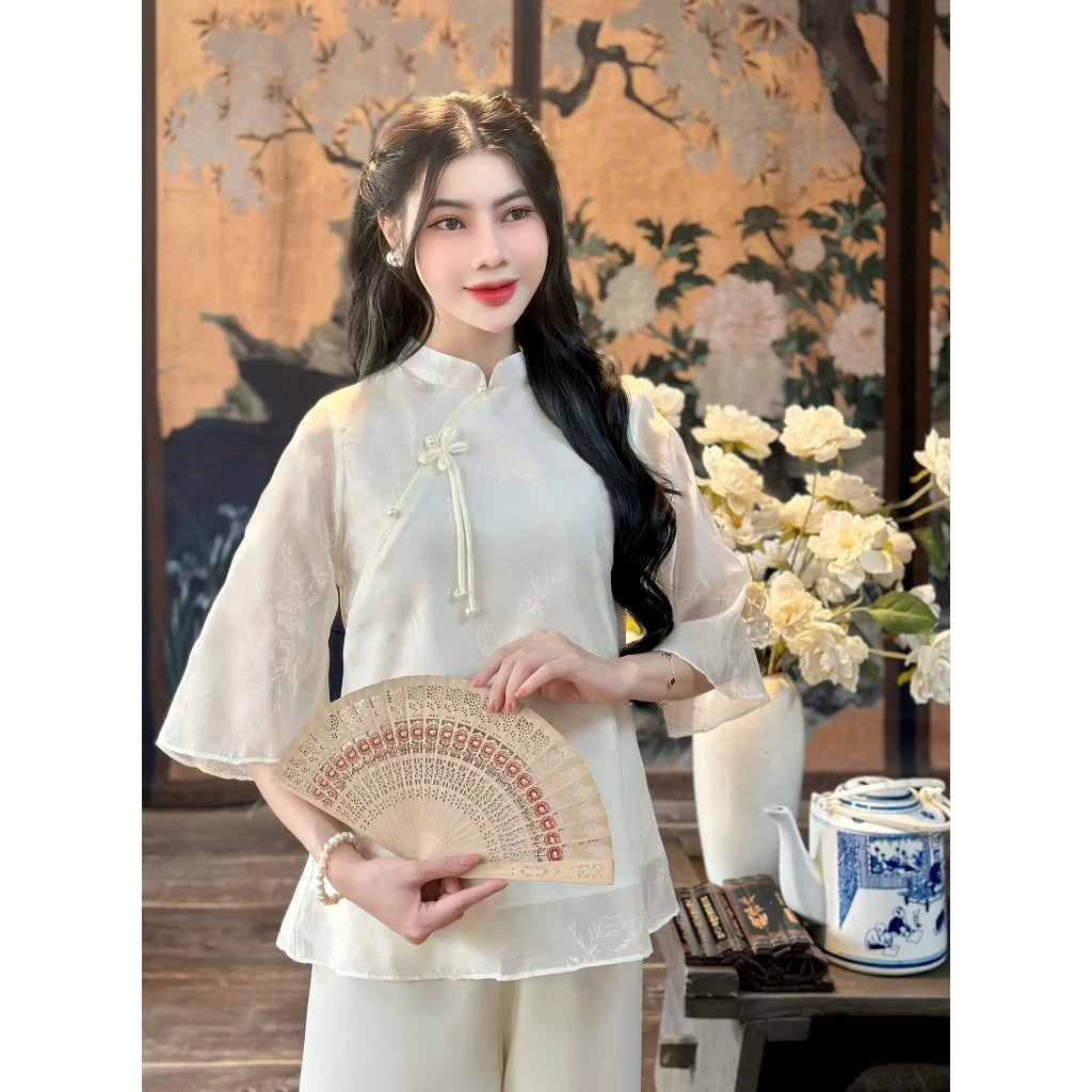 PP284 pháp phục nữ chất liệu voan tơ hai lớp phối nơ ngọc