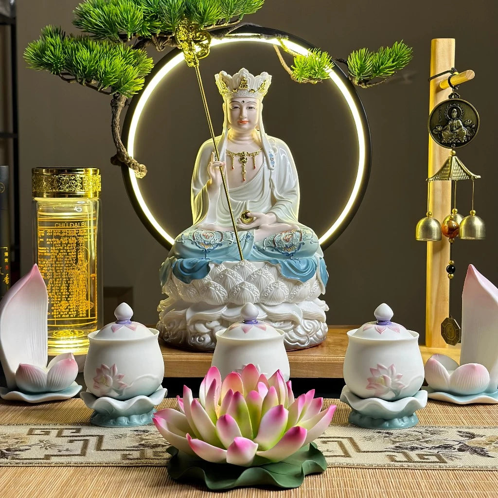 Bộ Tượng Ta Bà Tam Thánh, Thích Ca, Địa Tạng, Quan Âm Xanh Ngọc 12 inch