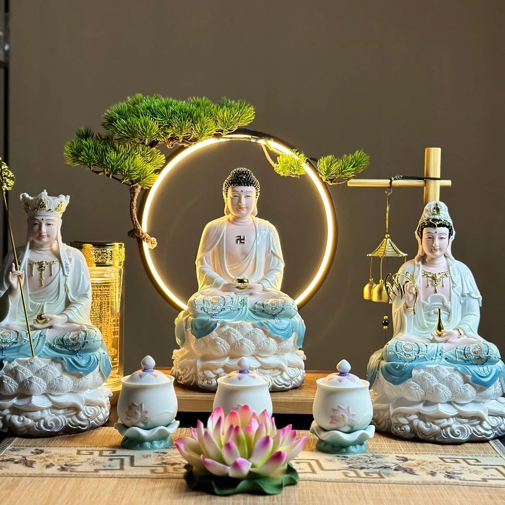 Bộ Tượng Ta Bà Tam Thánh, Thích Ca, Địa Tạng, Quan Âm Xanh Ngọc 12 inch