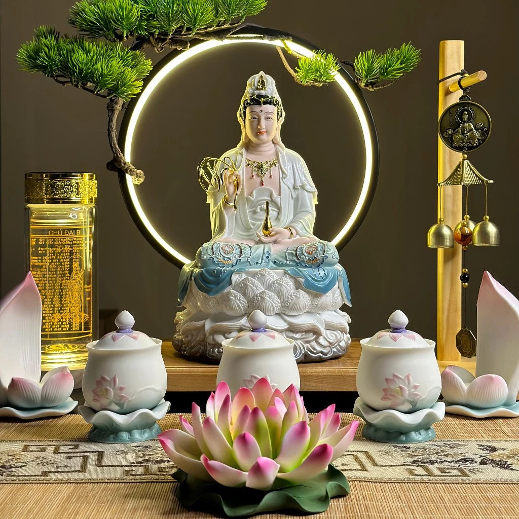 Bộ Tượng Ta Bà Tam Thánh, Thích Ca, Địa Tạng, Quan Âm Xanh Ngọc 12 inch