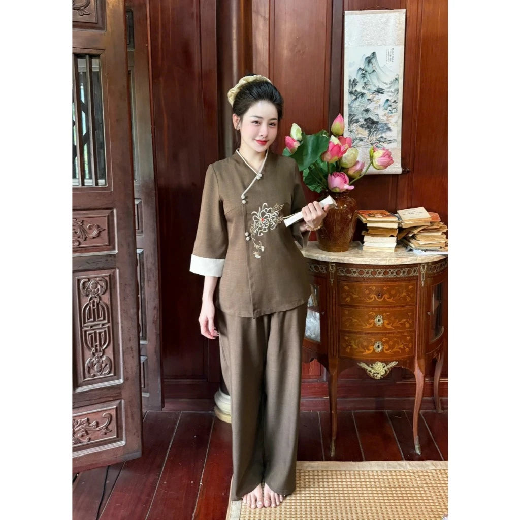 Set Pháp Phục Nữ Vải Đũi Hàn Mềm Mịn Thêu Sắc Nét - G40