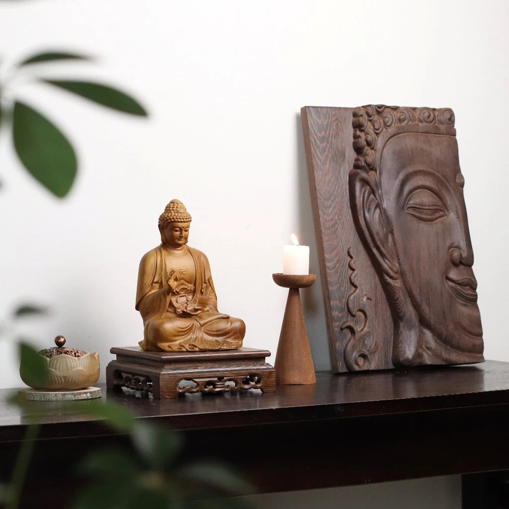Tượng Phật A Di Đà gỗ Bách Decor trưng bày bàn thờ, phòng thờ, góc tu tập