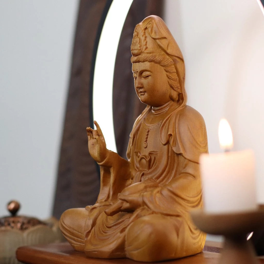 Tượng Quan Âm Bồ Tát gỗ Bách Decor Phật giáo, trưng bày bàn thờ, phòng thờ, góc tu tập