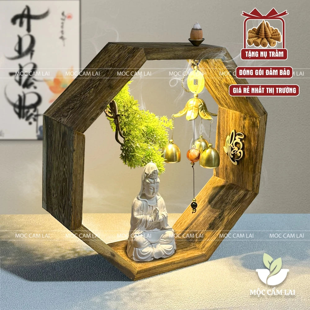 Tiểu Cảnh Xông Trầm Hộp Gỗ Bát Giác Đặt Tượng Phật