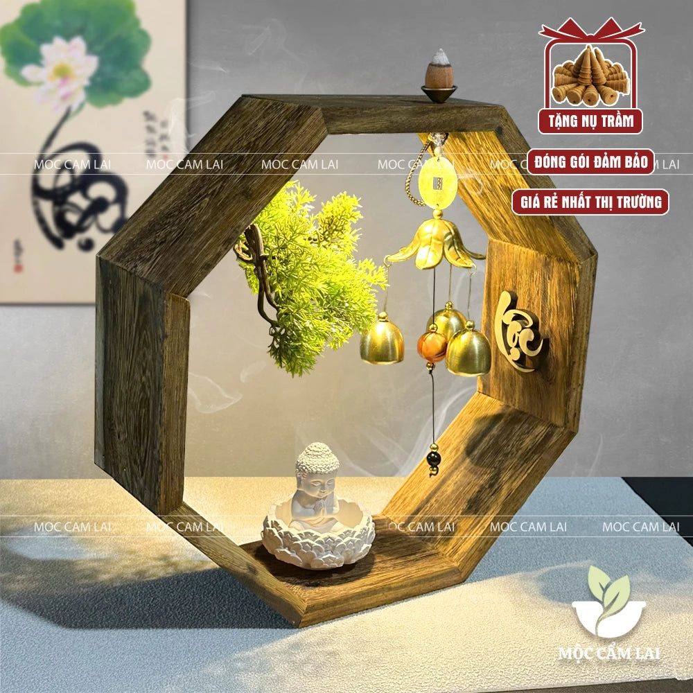 Tiểu Cảnh Xông Trầm Hộp Gỗ Bát Giác Đặt Tượng Phật