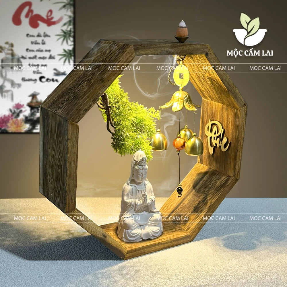 Tiểu Cảnh Xông Trầm Hộp Gỗ Bát Giác Đặt Tượng Phật