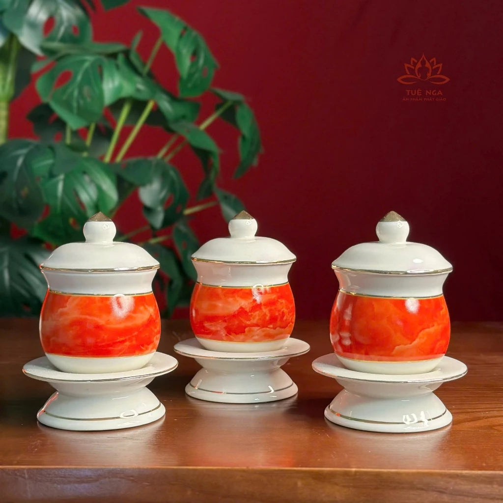 Bộ đồ thờ gốm sứ vân đá Đỏ cao cấp, bộ đồ thờ gia tiên, đồ thờ thần tài - Tuệ Nga