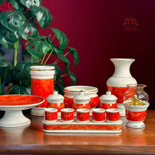 Bộ đồ thờ gốm sứ vân đá Đỏ cao cấp, bộ đồ thờ gia tiên, đồ thờ thần tài - Tuệ Nga
