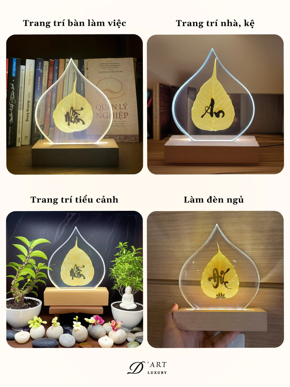 Đèn Led 7 Màu Lá Bồ Đề Tự Nhiên - Chữ Thư Pháp Mạ Vàng