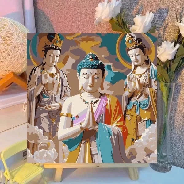 [Tam Thánh Tây Phương] Tranh Số Hoá Phật giáo đã căng khung 20x20cm