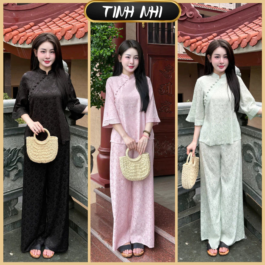 PP342 - pháp phục nữ lụa gấm vân hoa cúc phối cúc chéo nhẹ nhàng