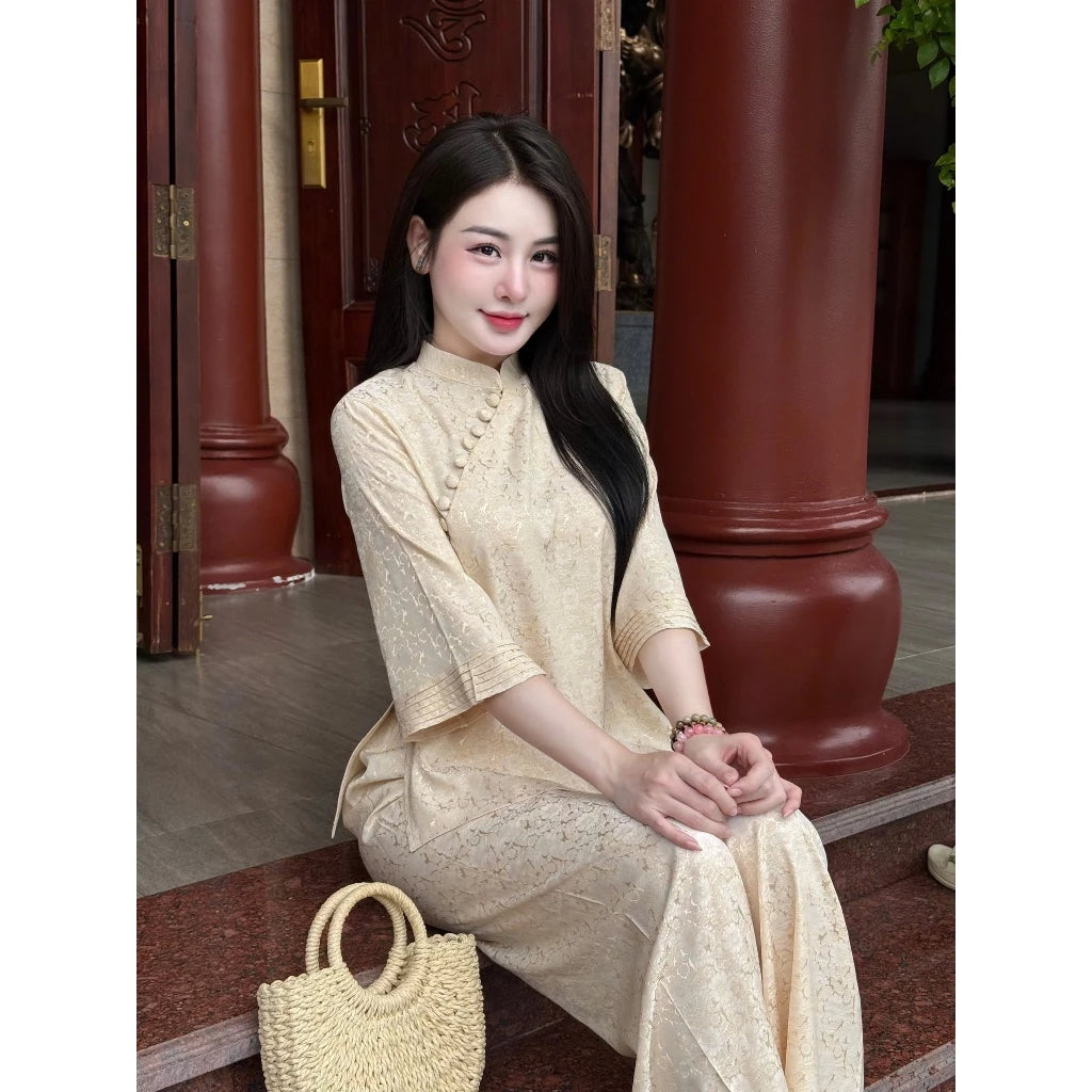 PP342 - pháp phục nữ lụa gấm vân hoa cúc phối cúc chéo nhẹ nhàng