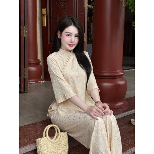 PP342 - pháp phục nữ lụa gấm vân hoa cúc phối cúc chéo nhẹ nhàng