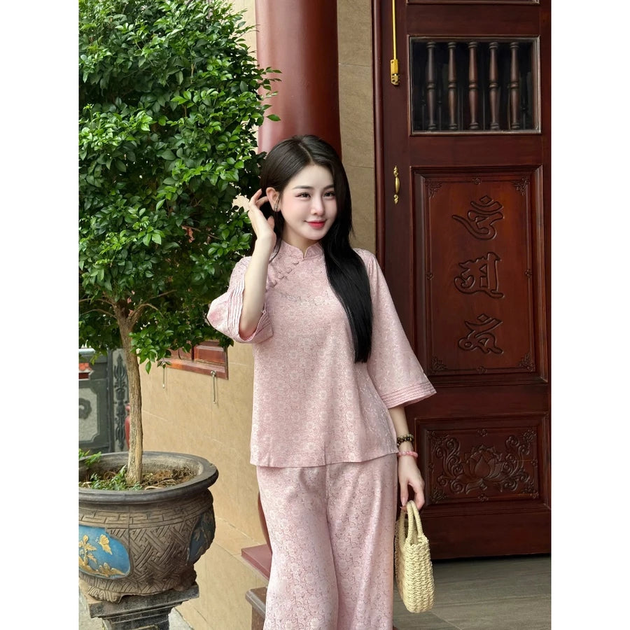 PP342 - pháp phục nữ lụa gấm vân hoa cúc phối cúc chéo nhẹ nhàng