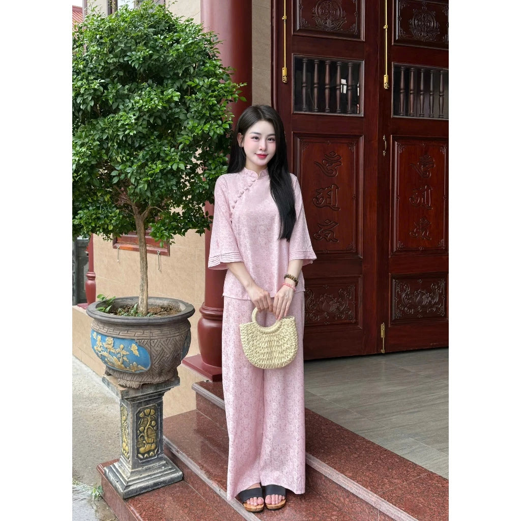 PP342 - pháp phục nữ lụa gấm vân hoa cúc phối cúc chéo nhẹ nhàng