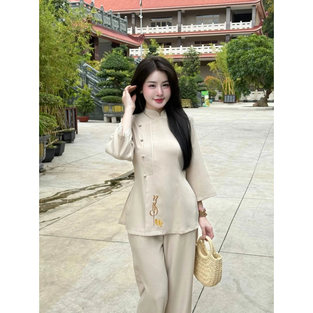 TT49 - Pháp phục cách tân dáng vạt hò tay lỡ thêu chữ Ngộ