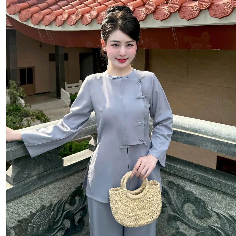 TT99 - Pháp phục, đồ lam truyền thống dáng vạt hò cổ tròn dài tay