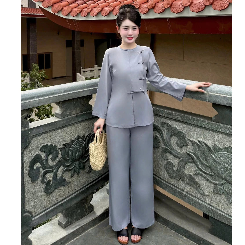 TT99 - Pháp phục, đồ lam truyền thống dáng vạt hò cổ tròn dài tay