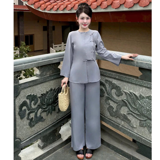 TT99 - Pháp phục, đồ lam truyền thống dáng vạt hò cổ tròn dài tay