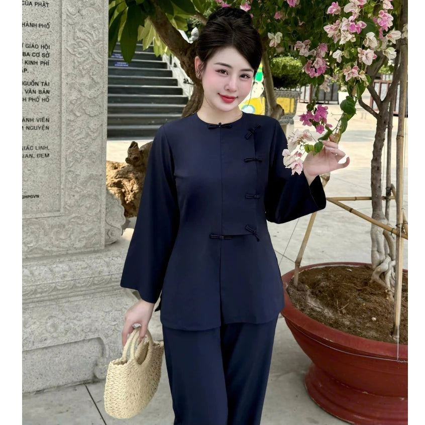 TT99 - Pháp phục, đồ lam truyền thống dáng vạt hò cổ tròn dài tay