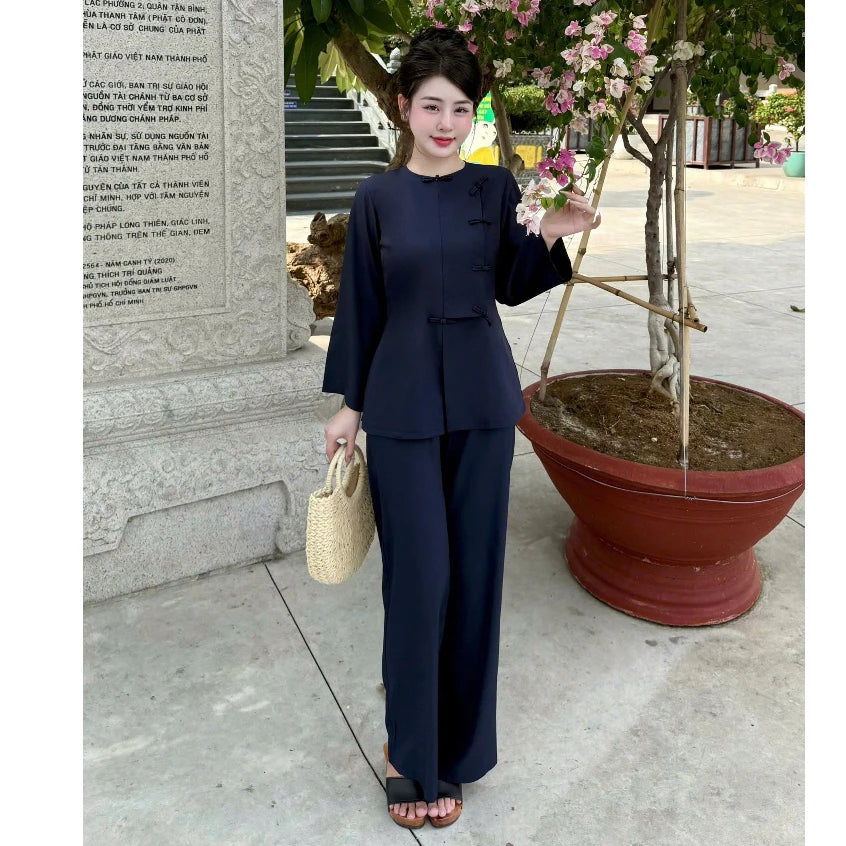 TT99 - Pháp phục, đồ lam truyền thống dáng vạt hò cổ tròn dài tay