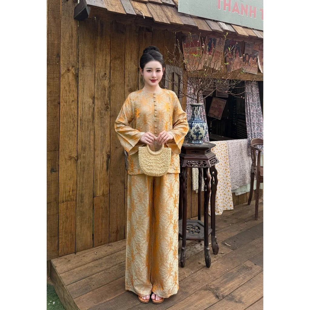 PP419 Pháp Phục Bà Ba Lụa Tằm Ánh Kim Hoạ Tiết Chữ Thọ Form Dáng Suông
